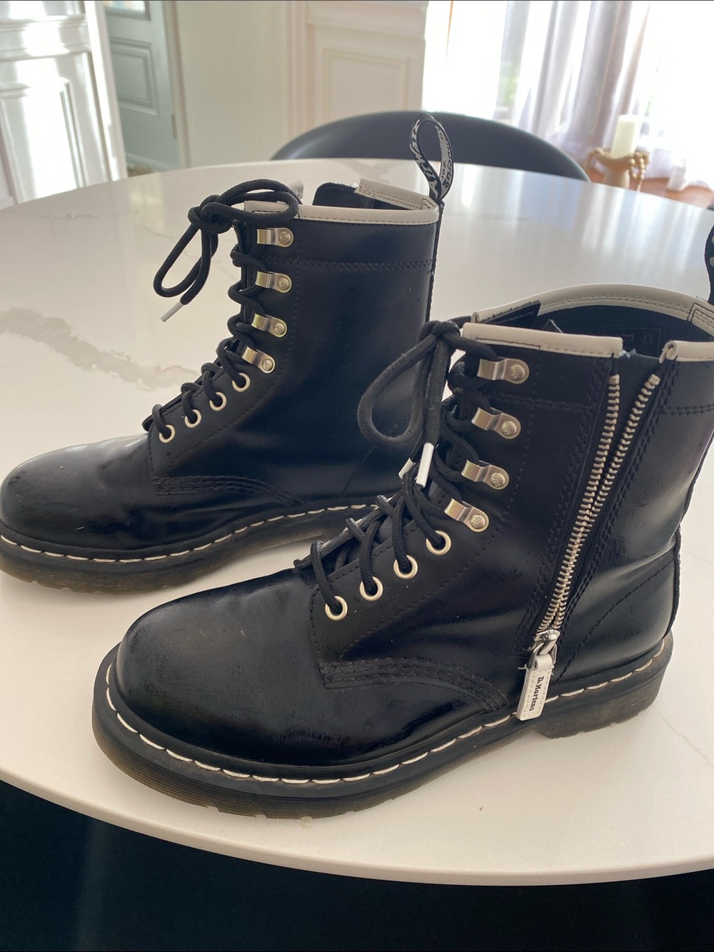 Dr. Martens Black Lace-Up Zip Combat Boots with White Trim